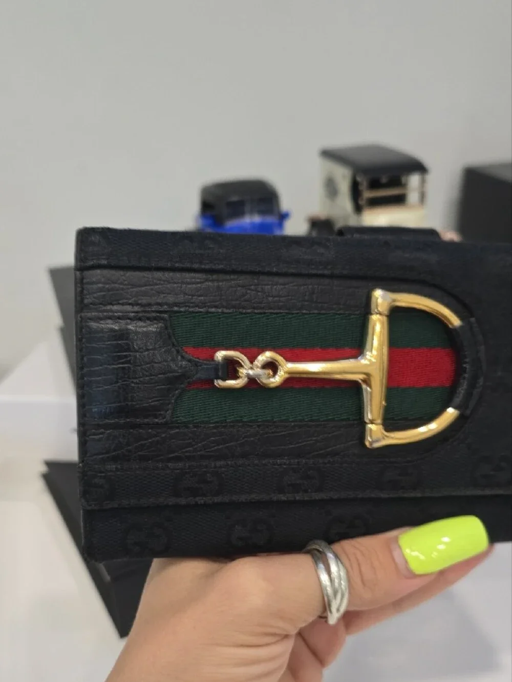 Gucci Black Wallet with Green & Red Web and Gold Buckle
